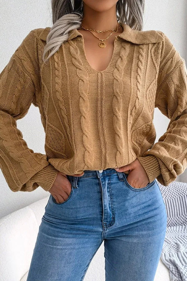 Casual Lapel Twist Long Sleeve Knit Sweater