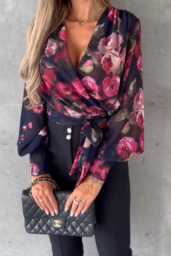 Sexy V-neck Print Tie Blouse