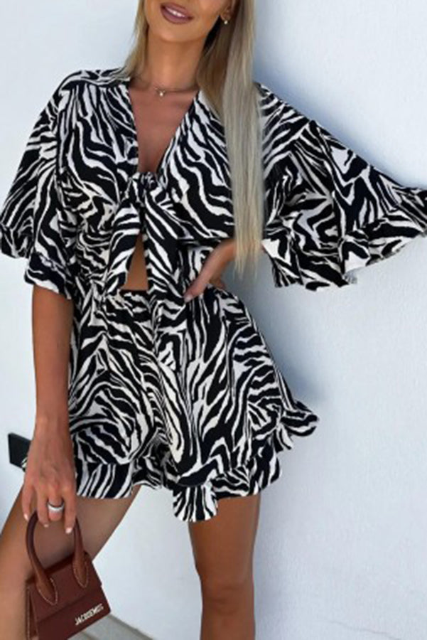 Zebra Print Ruffled Sleeves Dropped Sleeves V Neck Tie High Waist Romper