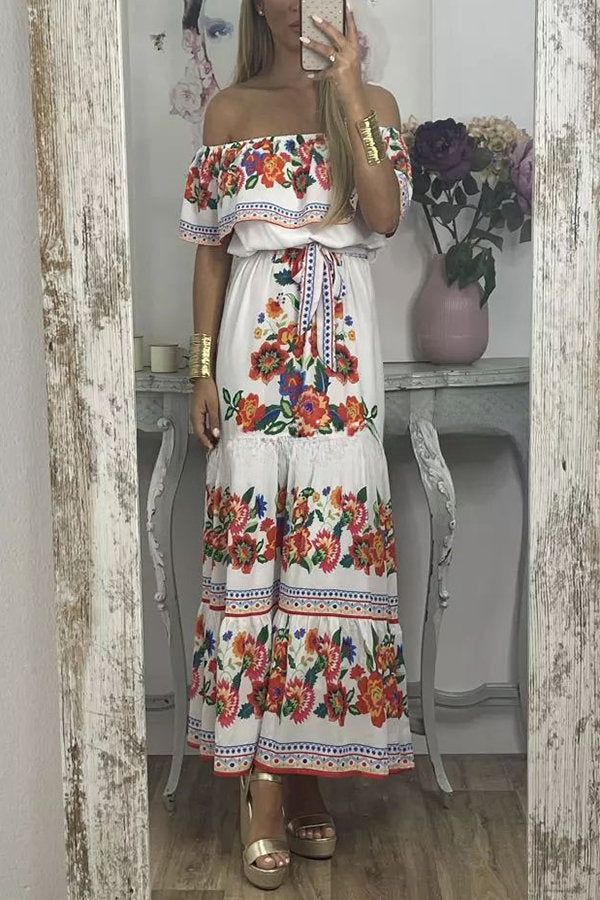 For A Season Floral Printed Off Shoulder Belt Maxi Dress