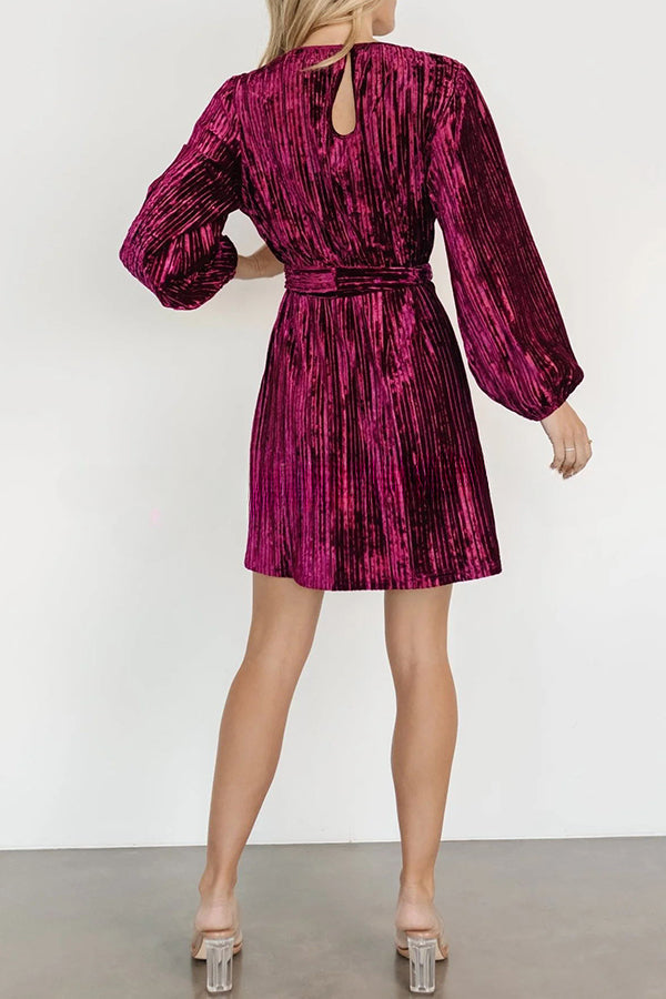 Anastasia Crew Neck Lace Up Velvet Long Sleeve Mini Dress