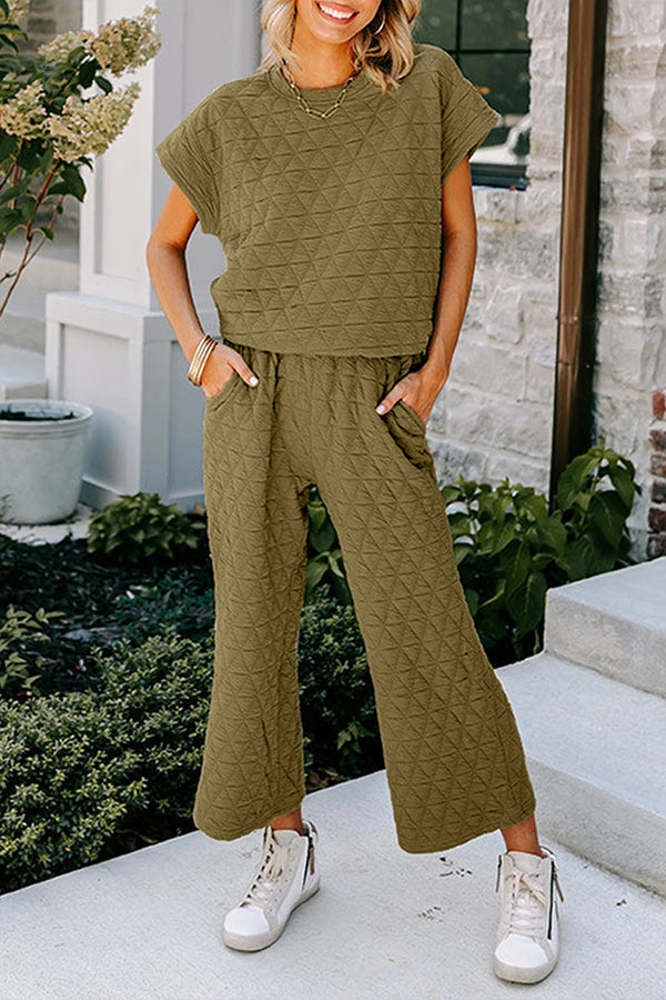 Quilted Textured Short Sleeve Top and Wide Leg Pants Set