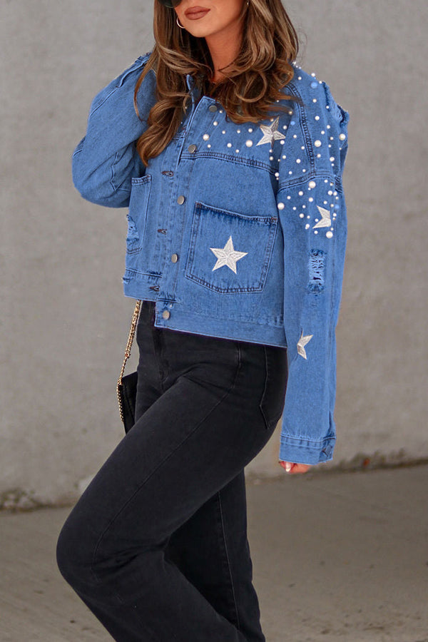 North Star Embellished Beaded Pocketed  Denim Jacket