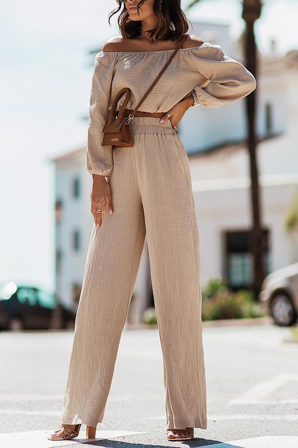 Off Shoulder Casual Top High Waist Straight Leg Pants Set