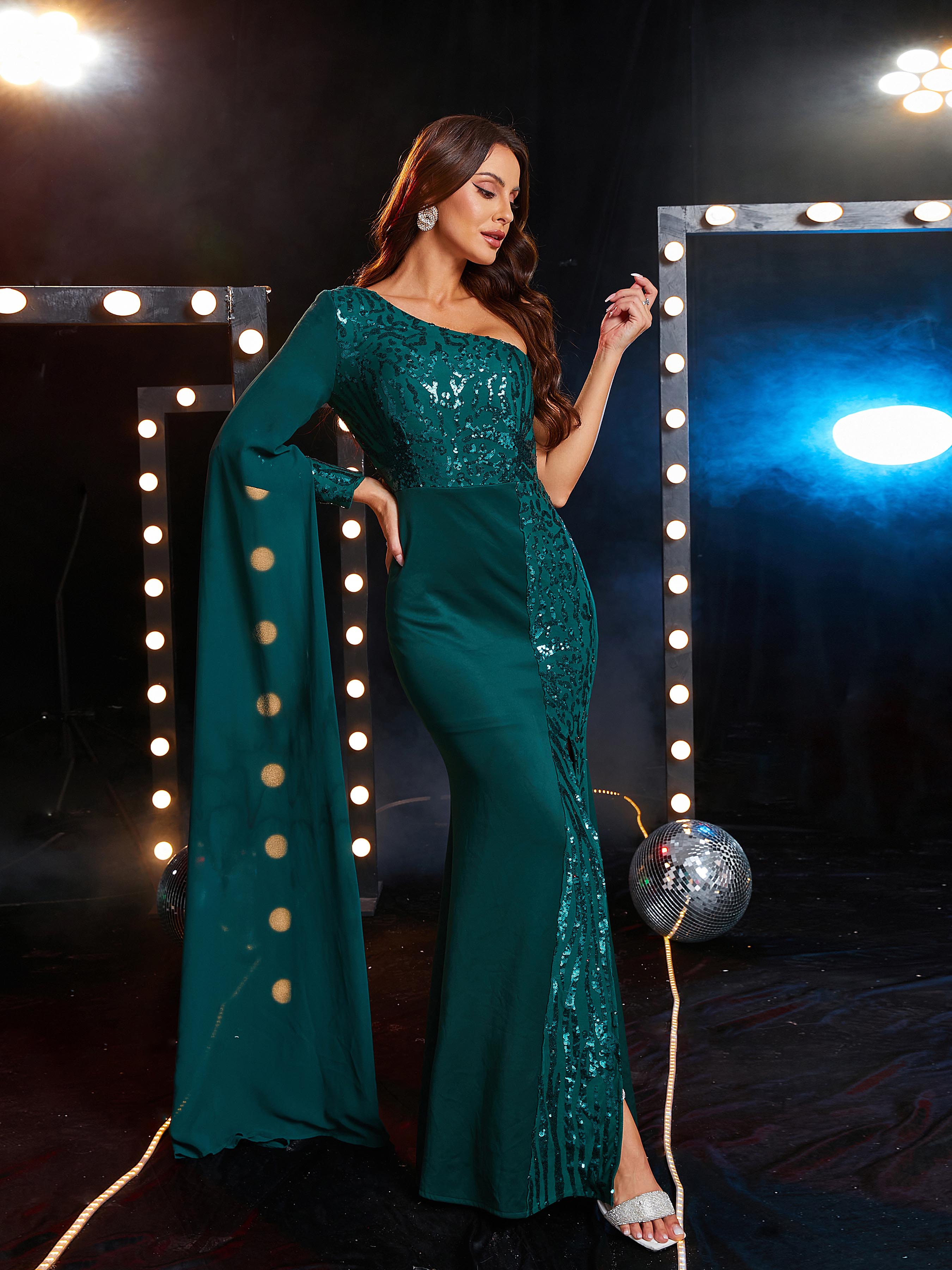 One Shoulder Panel High Split Green Sequin Prom Dress JMH3111