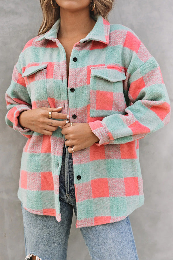 Pink Plaid Colorblock Casual Oversized Jacket