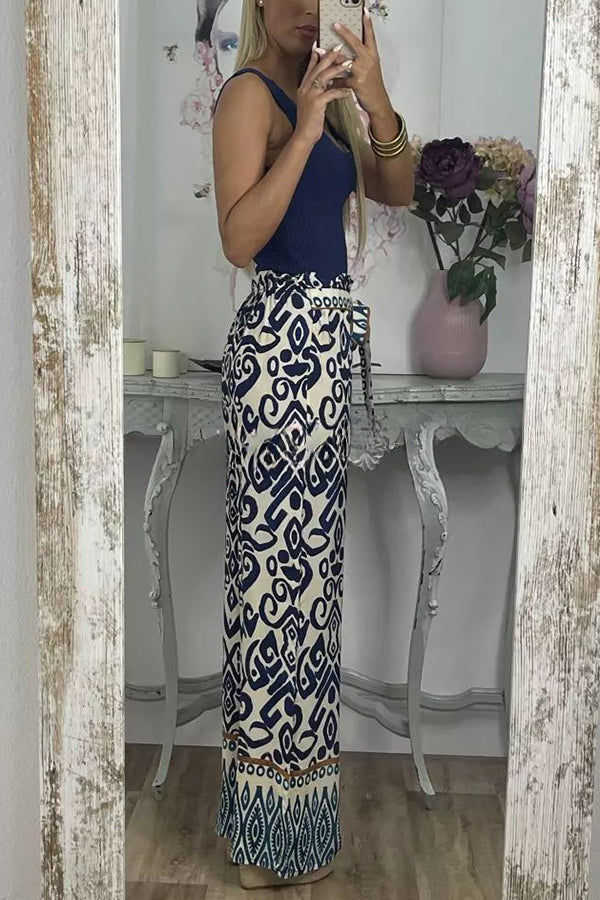 Cecilia Ethnic Print Tie Front Elastic Waist Wide Leg Pants