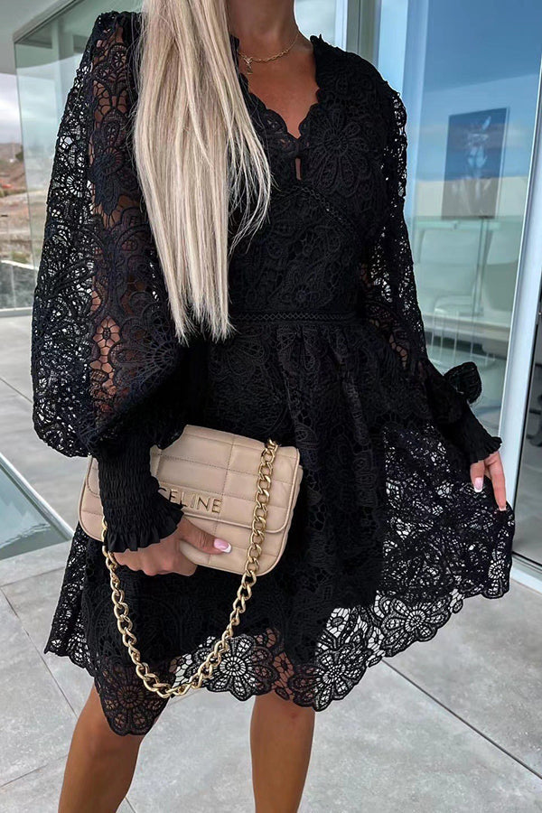 Luxe Debut Floral Crochet Lace Lantern Sleeve Mini Dress