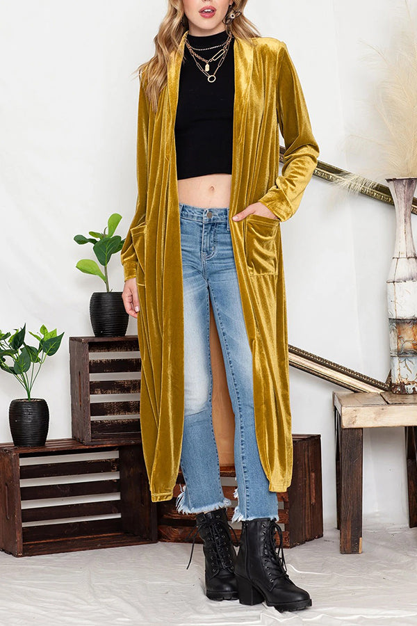 Yellow Velvet Elegant Open Front Pocket Long Cardigan