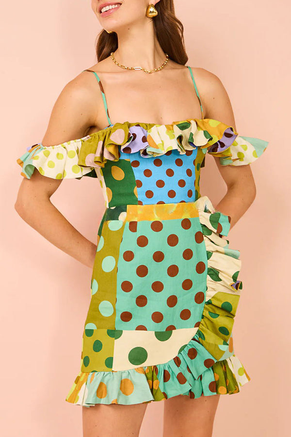 Chic Color Block Dot Print Invisible Zipper Strap Mini Dress