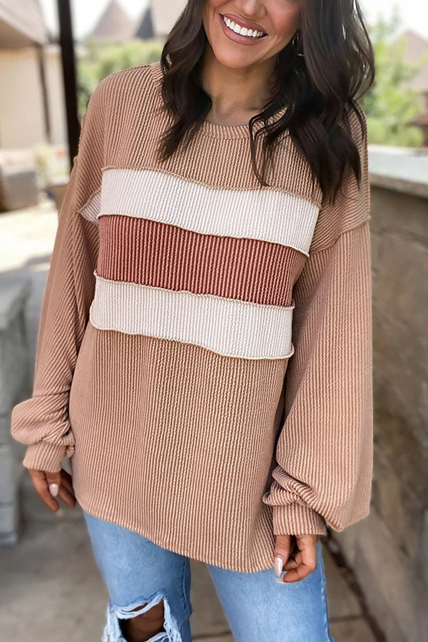 Light Beige Patchwork Corded Lantern Sleeve Top