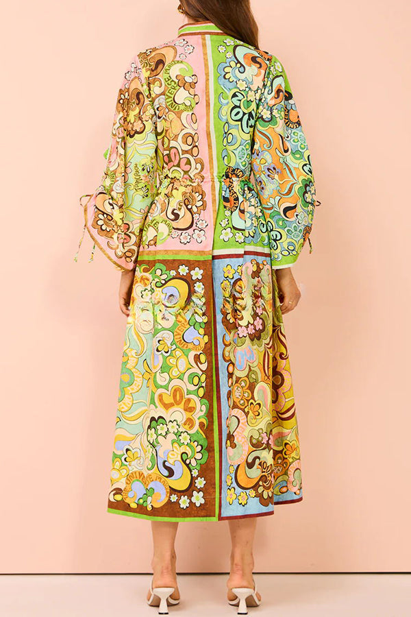 Color Block Unique Print Pocket Button Drawstring Long Sleeve Maxi Dress