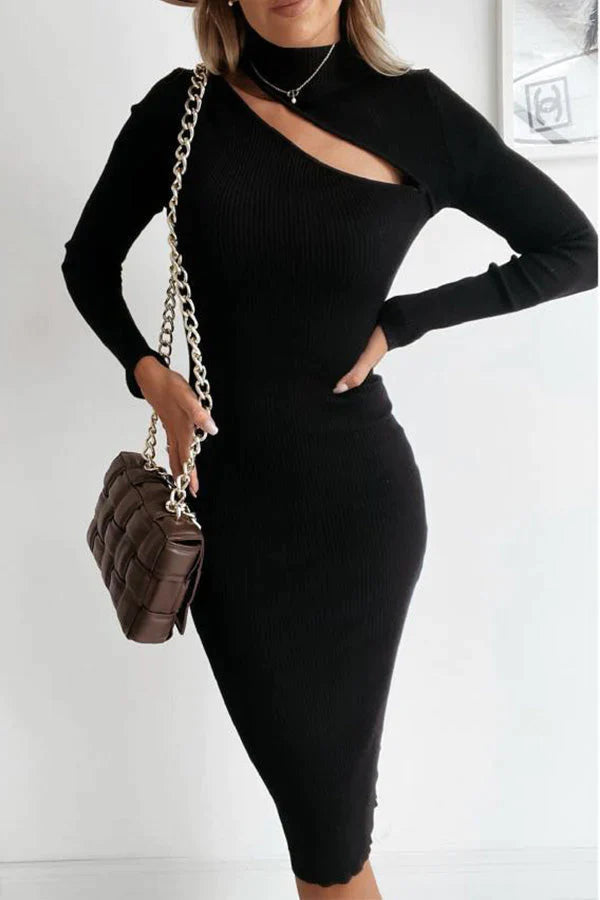 High-neck off-shoulder long-sleeved slim base dress