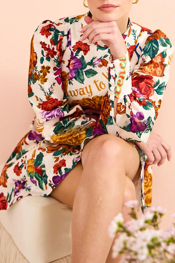 Palermo Floral Print Lace Up Long Sleeved Mini Dress