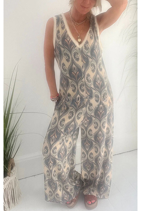 Moroccan Inspired Printed Texture V-neck Loose Jumpsuit