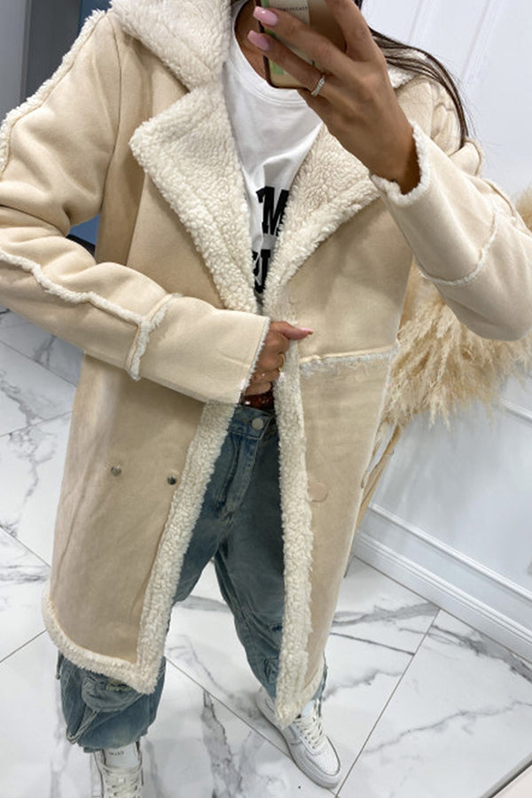 Single Breasted Multi Button Solid Color Long Sleeved Sherpa Coat