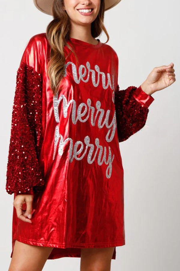 Verry Merry Sequin Sleeve Metallic Patchwork Loose Mini Dress