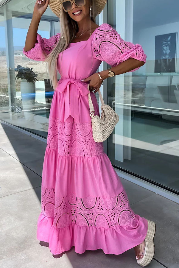 Yvonne Crochet Lace Patchwork Belted Puff Sleeve Maxi Dress