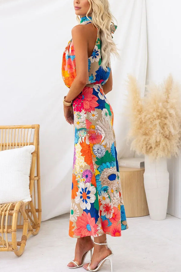 Land of Beauty Floral Print Halter Neck Elastic Waist Party Maxi Dress