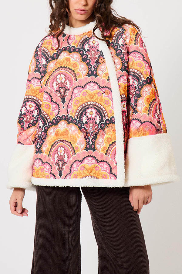 Cute Vintage Print Fleece Quilted Oversize Kimono Jacket