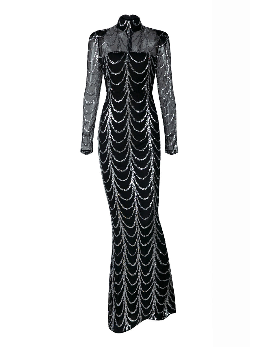 Sheer Mesh Black Sequin Dress M0032