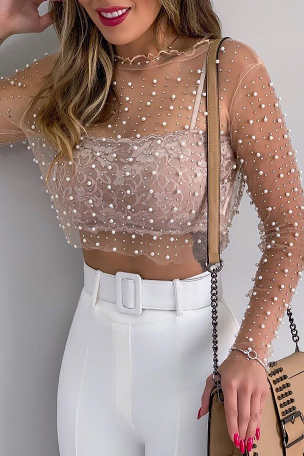 Diamond Beaded Lace See Through Shirt