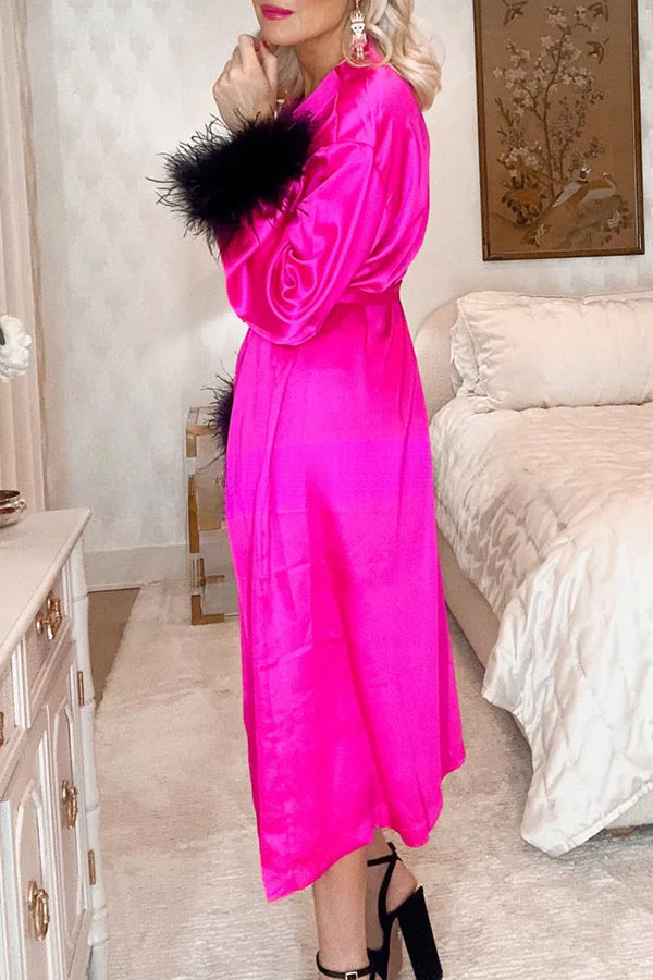 Finding Romance Feather Trim Belted Pajama Loungewear Cover-ups