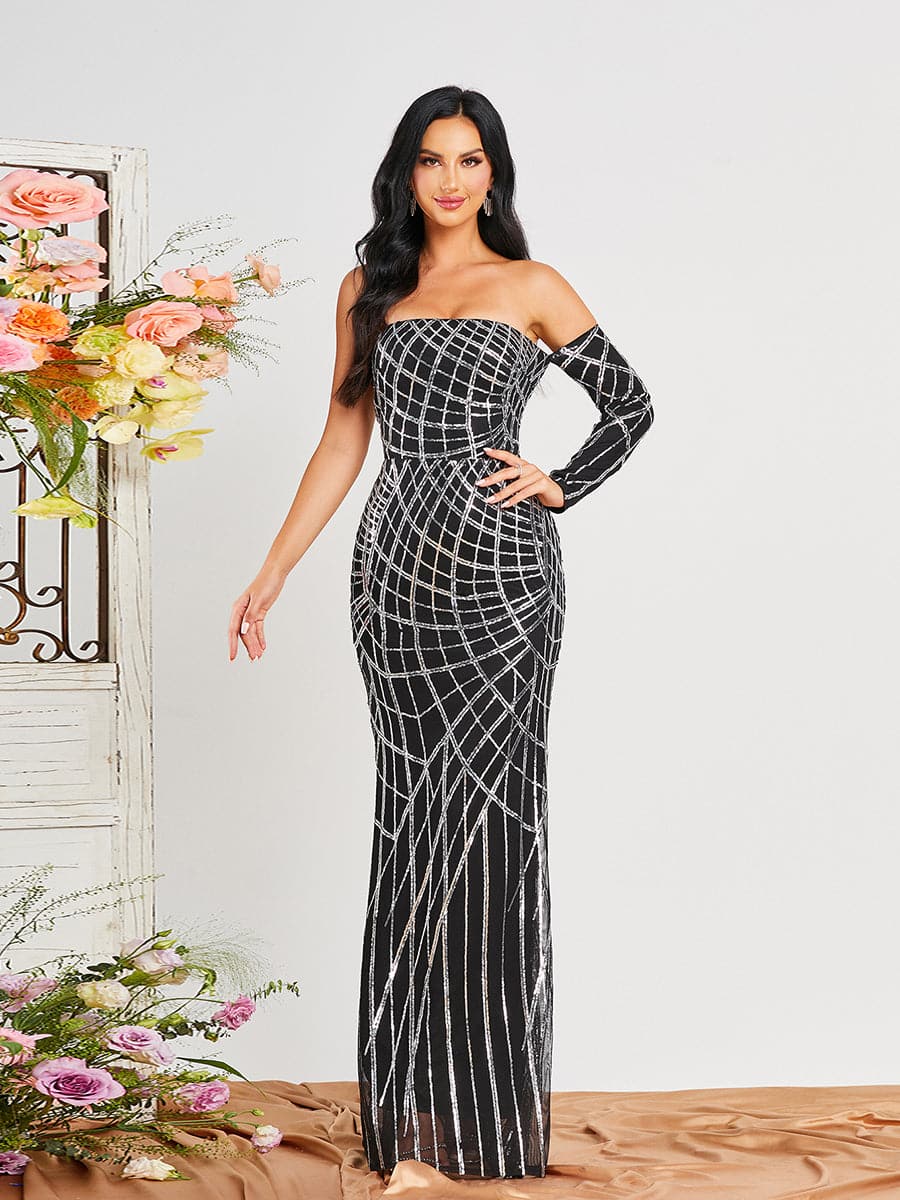 Off Shoulder Stripe Sequin Maxi Evening Dress RJ10201