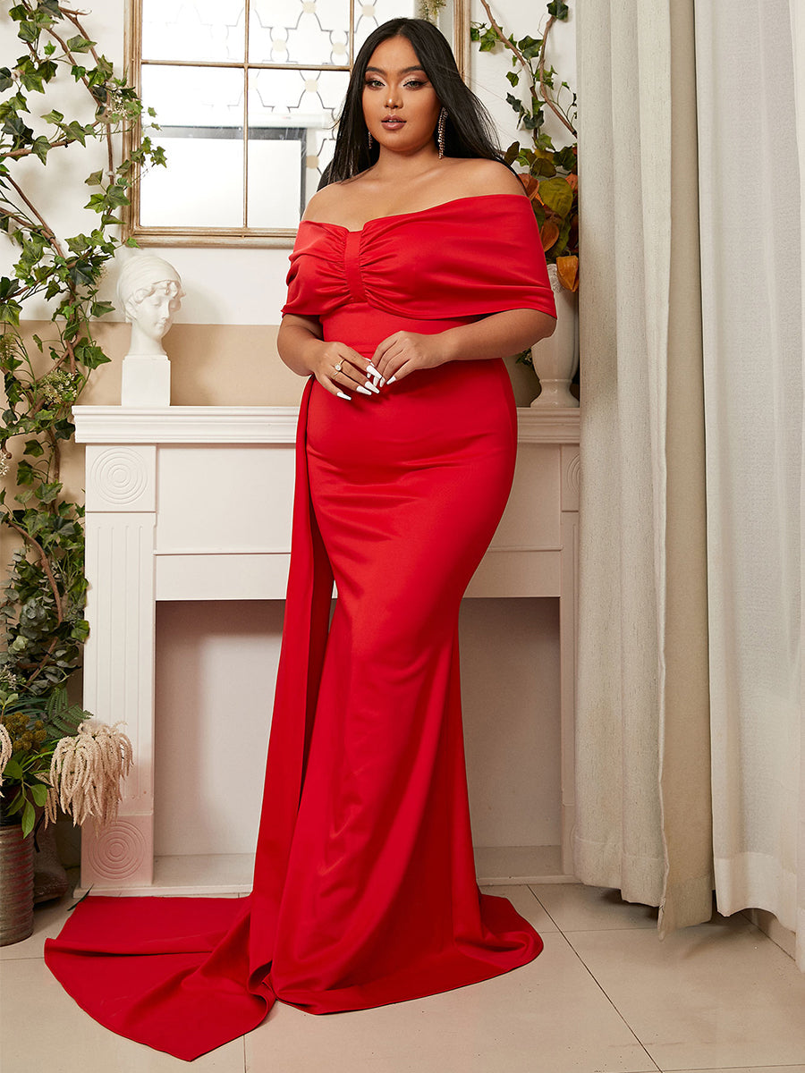 Plus Size Off Shoulder Cap Sleeve Ribbon Red Prom Dress PXJ1286