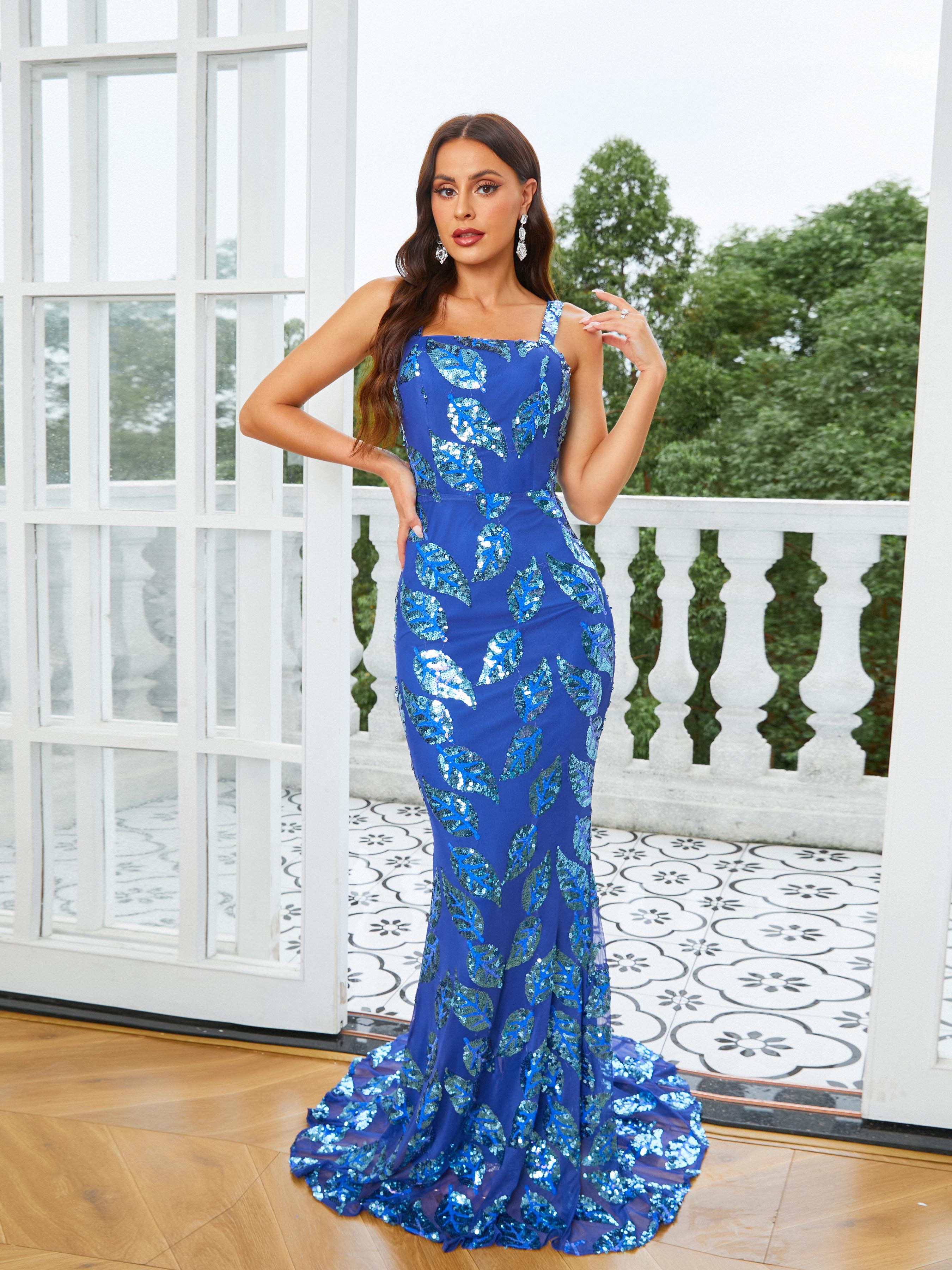 Formal Square Neck Sequin Mermaid Blue Evening Dress RM21009