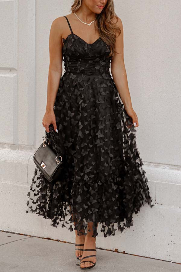 Parisian Nights Applique Butterfly Tulle Lace-up Back Midi Dress