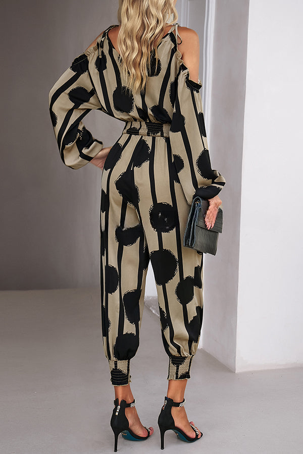 Graphic Print Stretch Waist Tie Long Sleeve Jumpsuit