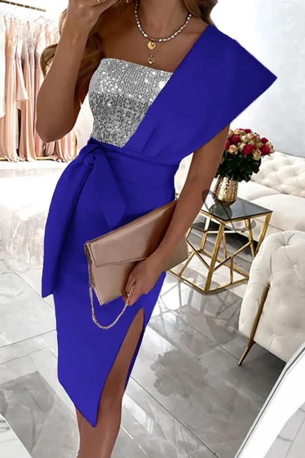 Gorgeous Day Sequins Patch One Shoulder Midi Dress