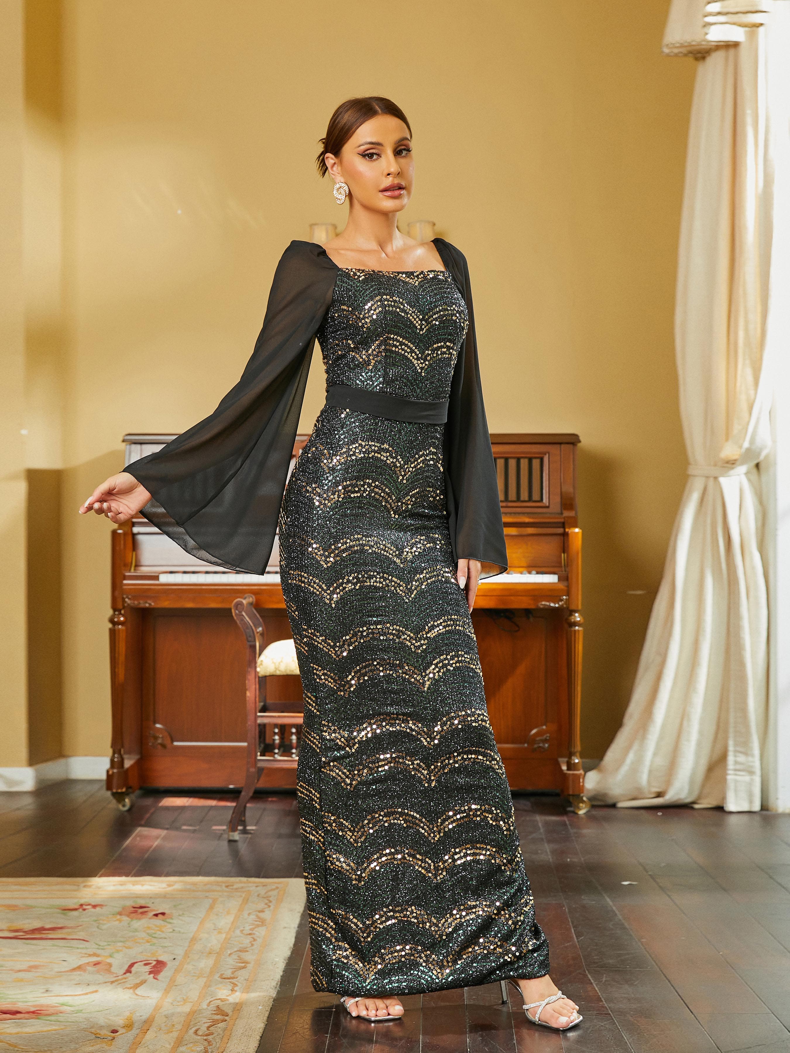 Bell Sleeve Square Neck Black Maxi Sequin Evening Dress RM20619