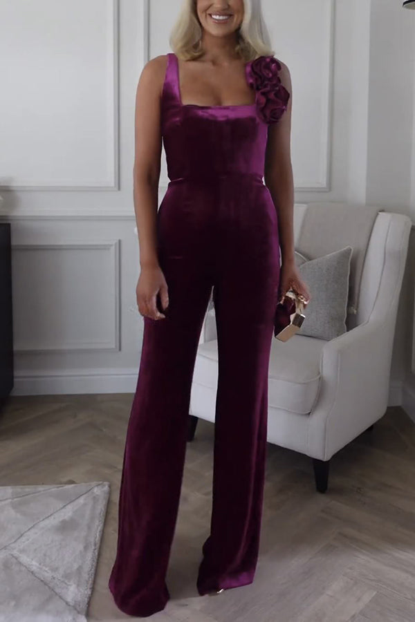 Wine Tasting Velvet Rose Design Wide Straps Flared Jumpsuit