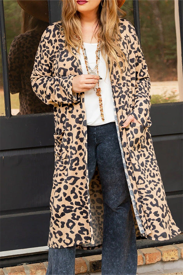 Leopard Plus Size Open Front Pocketed Long Cardigan