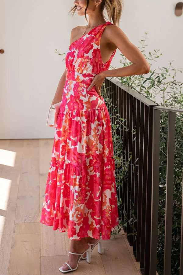 Just Met You Floral Knot Detail One Shoulder Tiered Maxi Dress