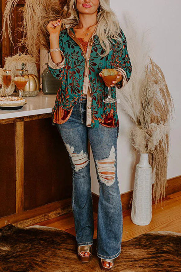 Perfect Luxe Look Velvet Floral Pattern Drape Blouse