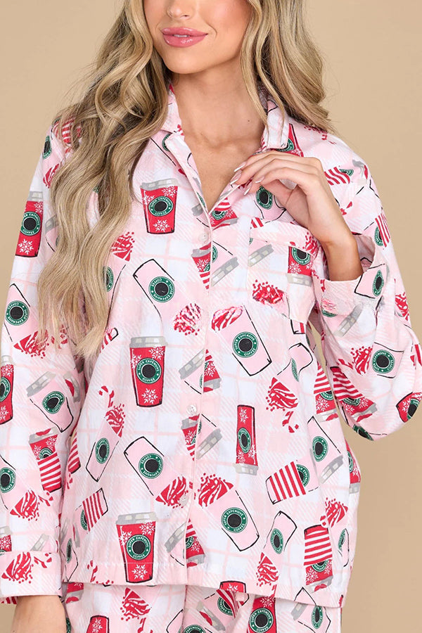 Need The Caffeine Print Elastic Waist Pocketed Dust Pajama Set