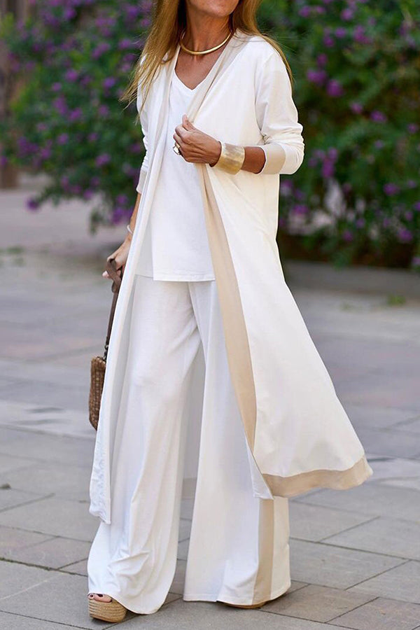 Contrasting Color Sleeveless Vest Long Sleeve Cardigan Jacket Long Pants Three Piece Set