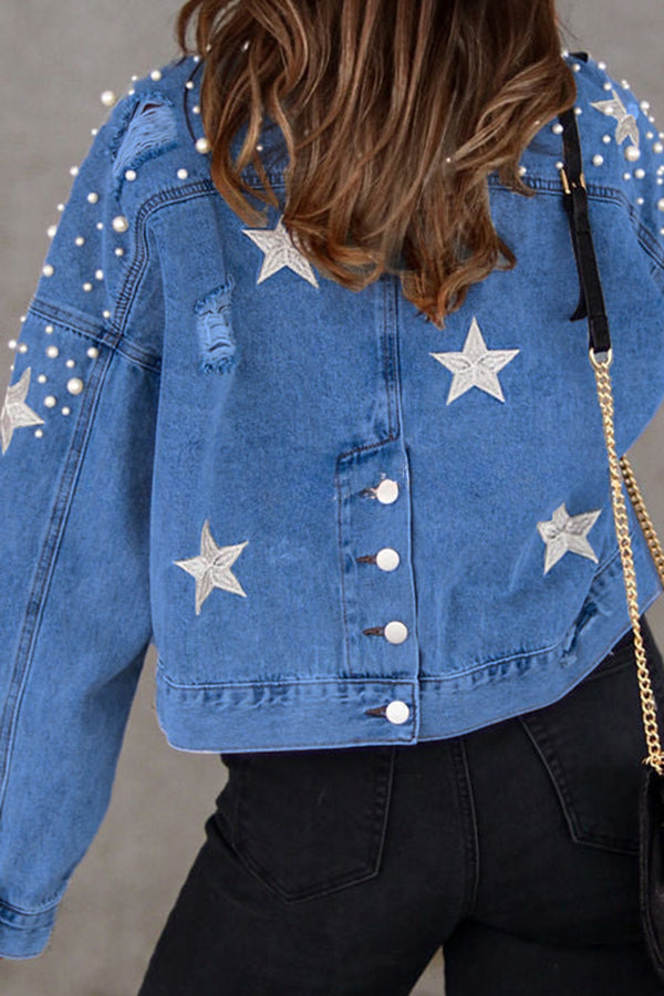 North Star Embellished Beaded Pocketed  Denim Jacket