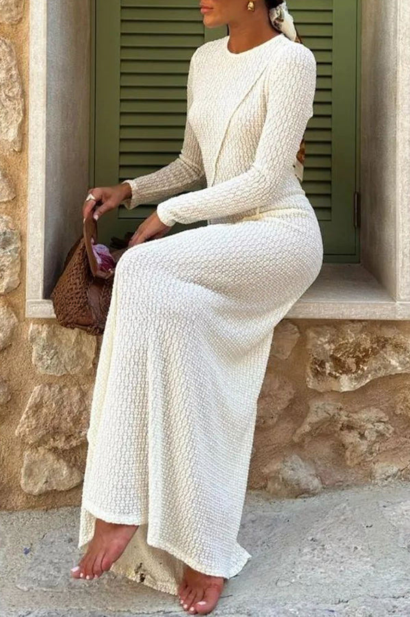 Knitted Crew Neck Long Sleeve High Waisted Maxi Dress