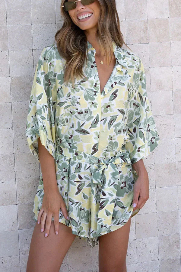 The White Lotus Floral Belted Loose Shirt Romper