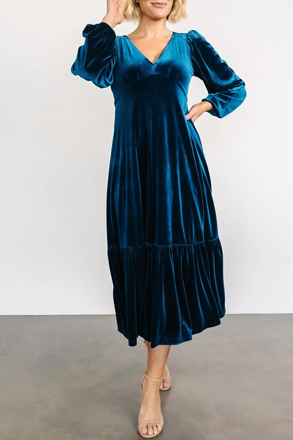 Erika Puff Sleeved Velvet Ruffled Midi Dress