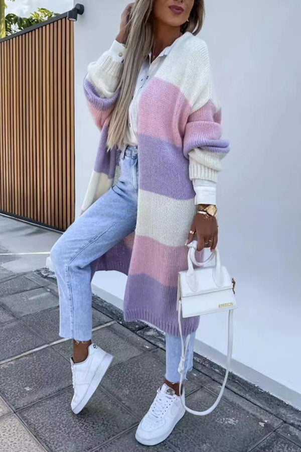 Contrast Long Sleeve Multicolor Striped Cardigans