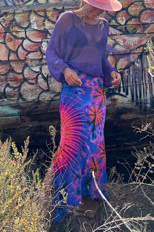 Preston Tie-dye Print Ruched Waist Stretch Slit Maxi Skirt