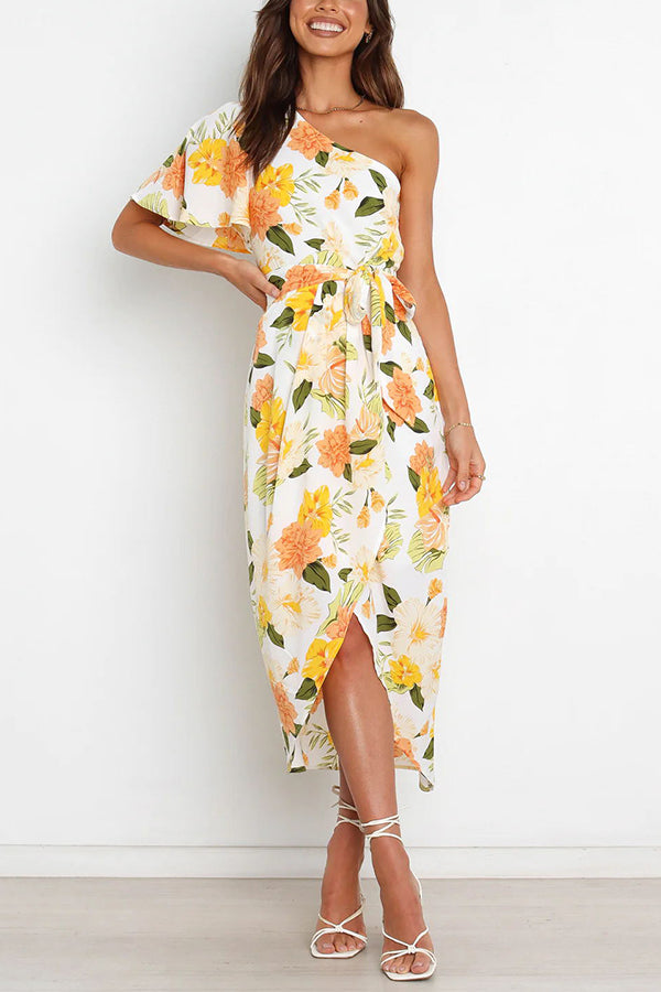 Kaycie Floral One Shoulder Belted Wrap Midi Dress