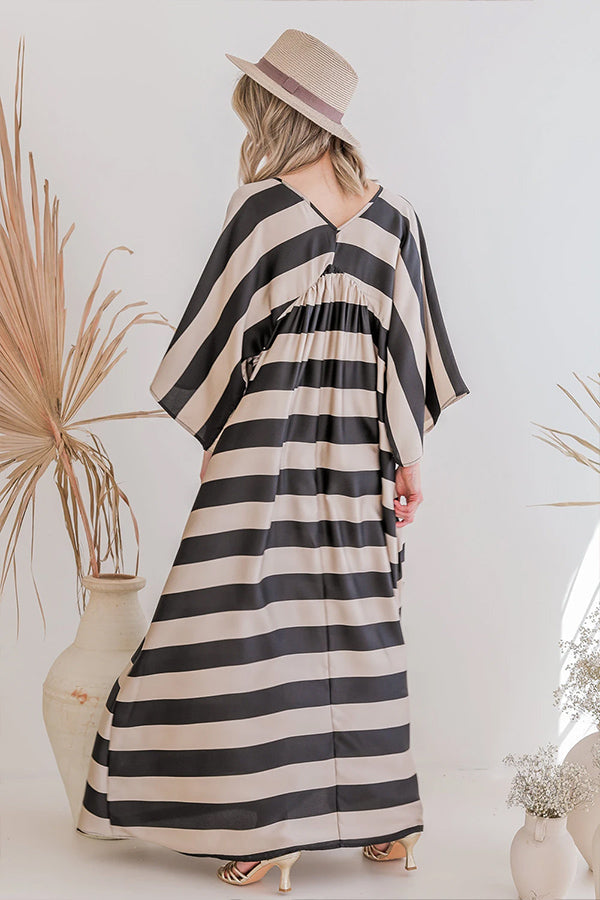 Black Striped Colorblock Flounce Sleeve Floor Length Dress