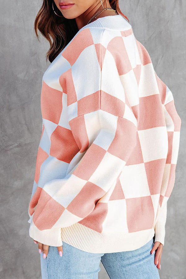 Casual loose checkerboard contrasting V-neck buttoned long-sleeved knitted cardigan