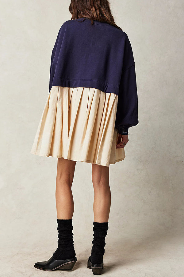 Sweet and Special Exaggerated Pleated Patchwork Sweatshirt A-line Mini Dress